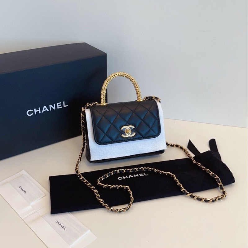 【全新全套帶膜🆕🎁】Chanel 最新款25A芯片 cocohandle mini 迷你黑金牛皮 編織金扣鏤空水鑽手柄 手提斜挎包-1