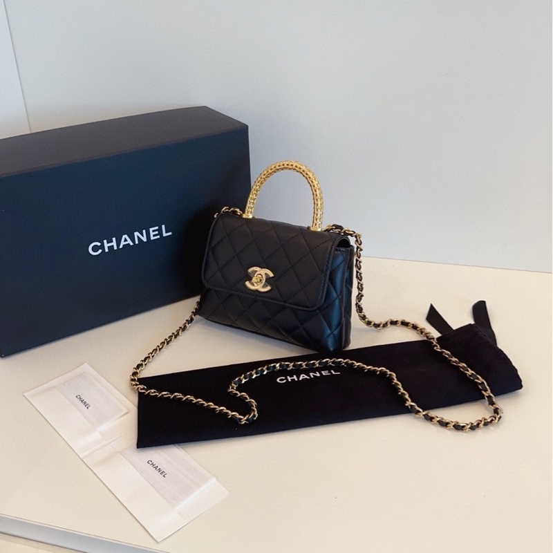 【全新全套帶膜🆕🎁】Chanel 最新款25A芯片 cocohandle mini 迷你黑金牛皮 編織金扣鏤空水鑽手柄 手提斜挎包-3