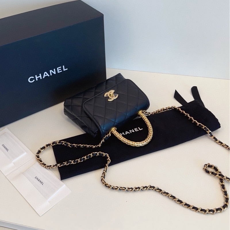 【全新全套帶膜🆕🎁】Chanel 最新款25A芯片 cocohandle mini 迷你黑金牛皮 編織金扣鏤空水鑽手柄 手提斜挎包-7