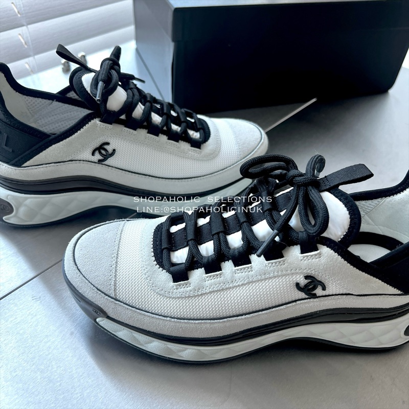 Chanel網眼布拼接鼠尾草淡綠麂皮增高球鞋38號-3