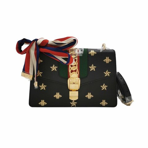 Gucci Sylvie塞爾維亞小號牛皮帆布蜜蜂星星印花金屬扣織帶單肩包 9.8新