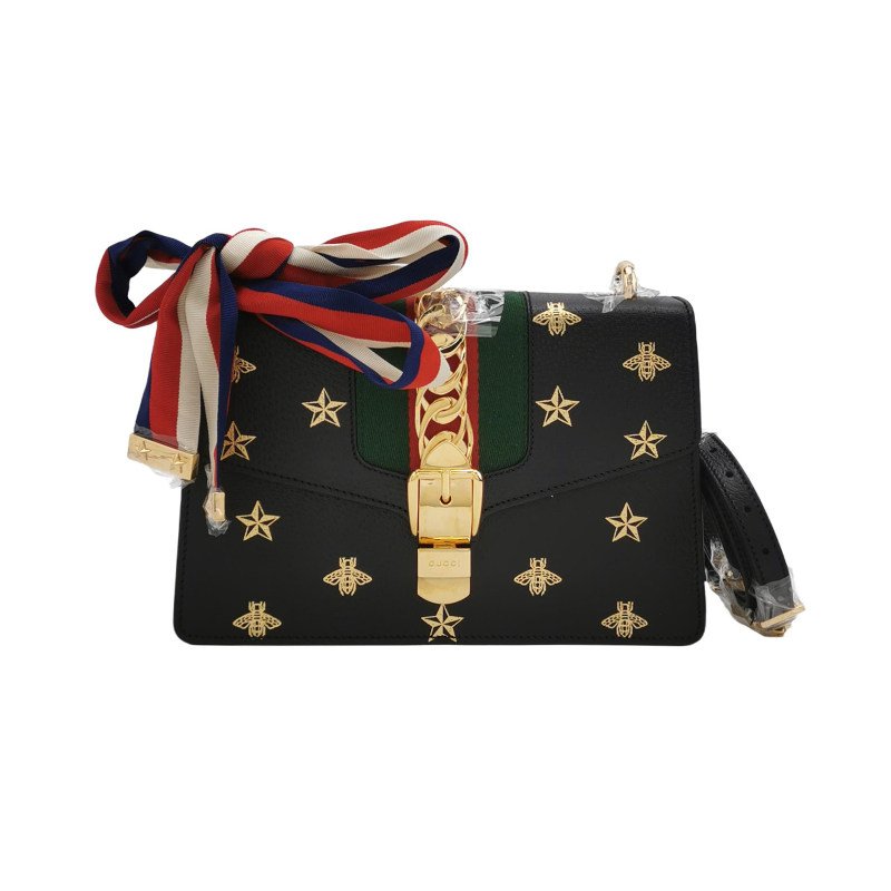 Gucci Sylvie塞爾維亞小號牛皮帆布蜜蜂星星印花金屬扣織帶單肩包 9.8新-0