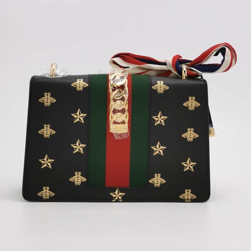 Gucci Sylvie塞爾維亞小號牛皮帆布蜜蜂星星印花金屬扣織帶單肩包 9.8新-3