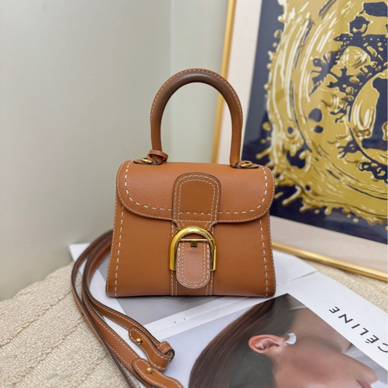 【97🆕】Delvaux brilliant mini外縫焦糖色 金棕牛皮金扣 手提單肩斜挎包-0