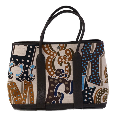 HERMES Toile H/Negonda皮革Garden Party PM銀扣手挽袋Ebene/Beige/Ecru