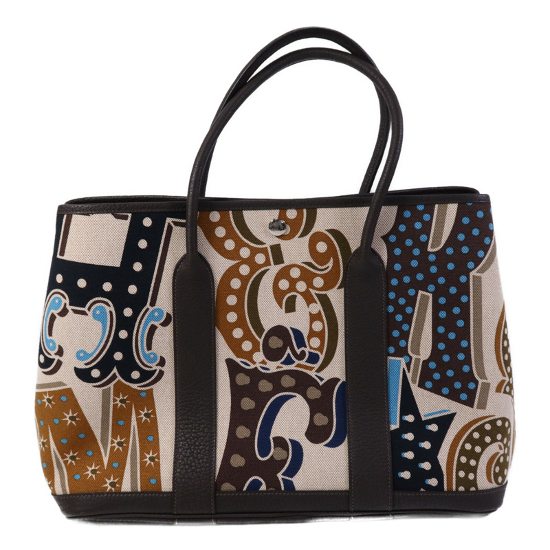 HERMES Toile H/Negonda皮革Garden Party PM銀扣手挽袋Ebene/Beige/Ecru-0