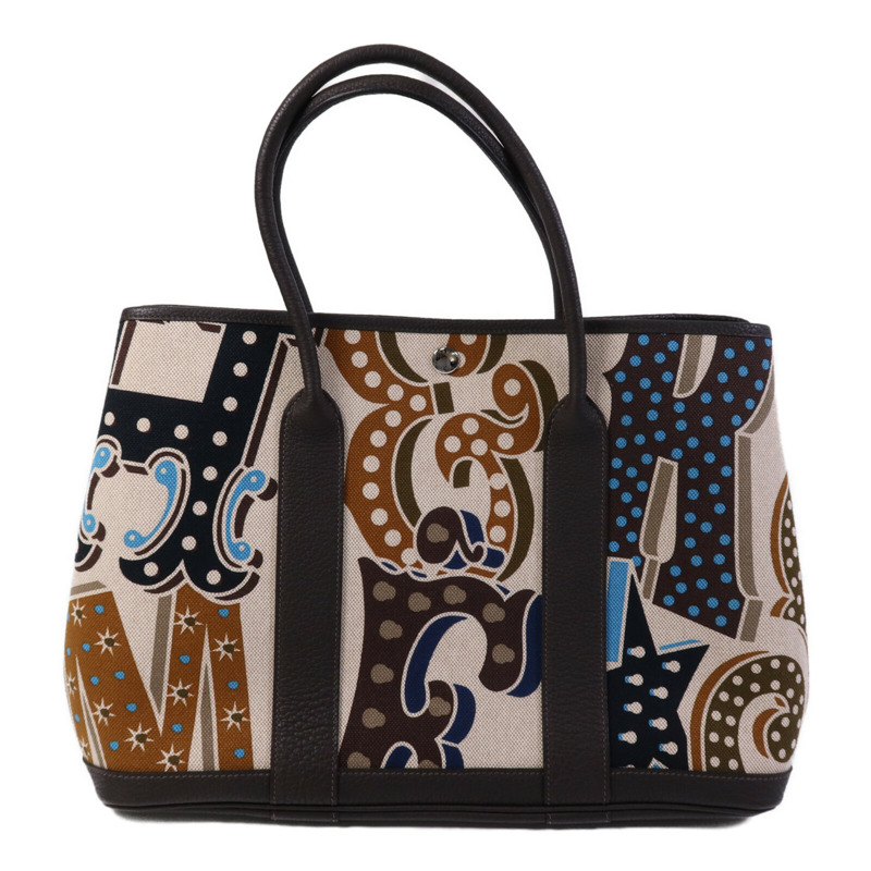 HERMES Toile H/Negonda皮革Garden Party PM銀扣手挽袋Ebene/Beige/Ecru-1