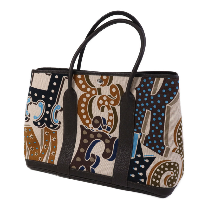 HERMES Toile H/Negonda皮革Garden Party PM銀扣手挽袋Ebene/Beige/Ecru-2