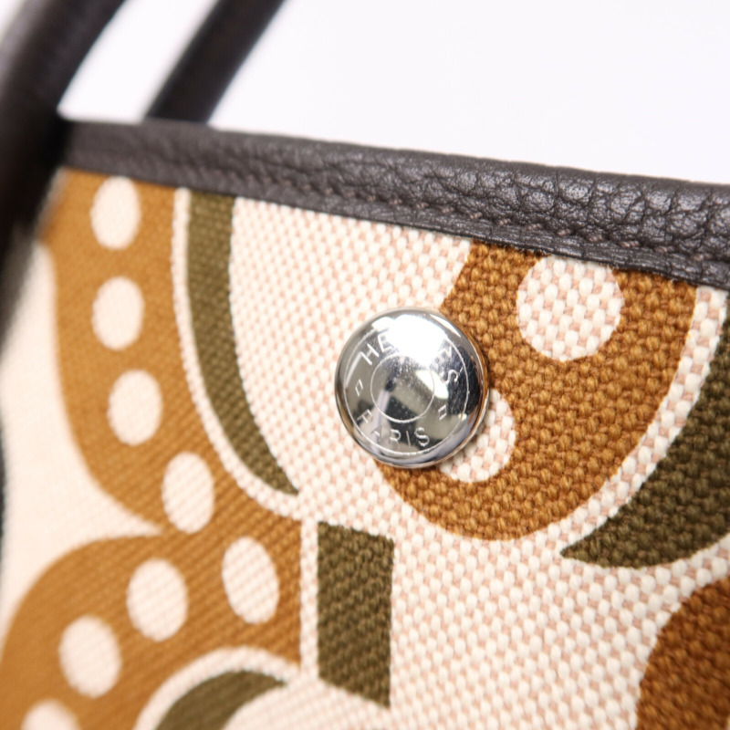 HERMES Toile H/Negonda皮革Garden Party PM銀扣手挽袋Ebene/Beige/Ecru-6