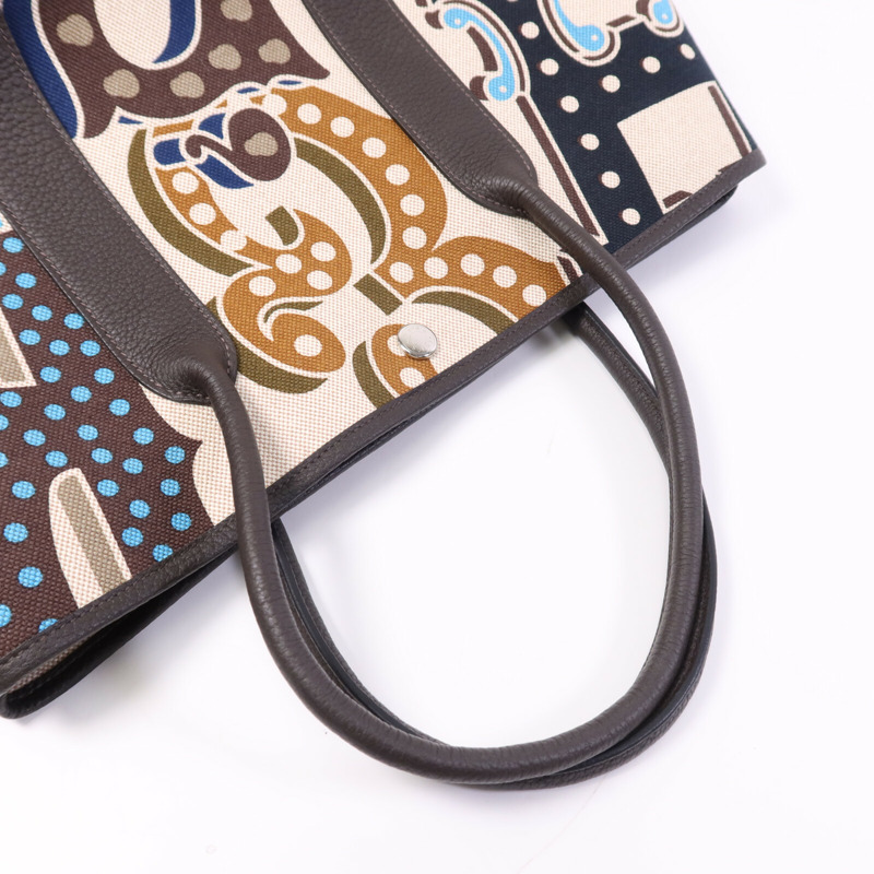 HERMES Toile H/Negonda皮革Garden Party PM銀扣手挽袋Ebene/Beige/Ecru-8