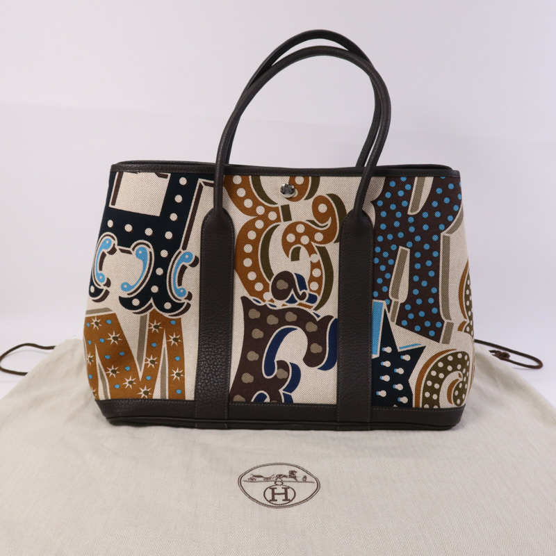 HERMES Toile H/Negonda皮革Garden Party PM銀扣手挽袋Ebene/Beige/Ecru-9