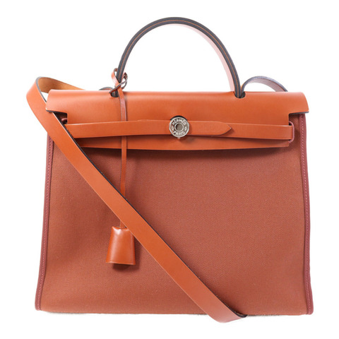 HERMES Toile H Herbag PM銀扣手挽肩背兩用袋Brique