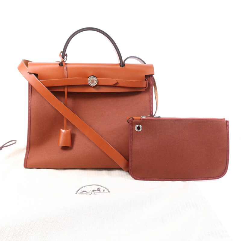 HERMES Toile H Herbag PM銀扣手挽肩背兩用袋Brique-9