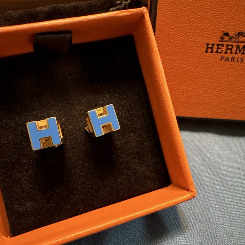 Hermes 多瑙河藍 pop 立體H 耳環(極新)-0