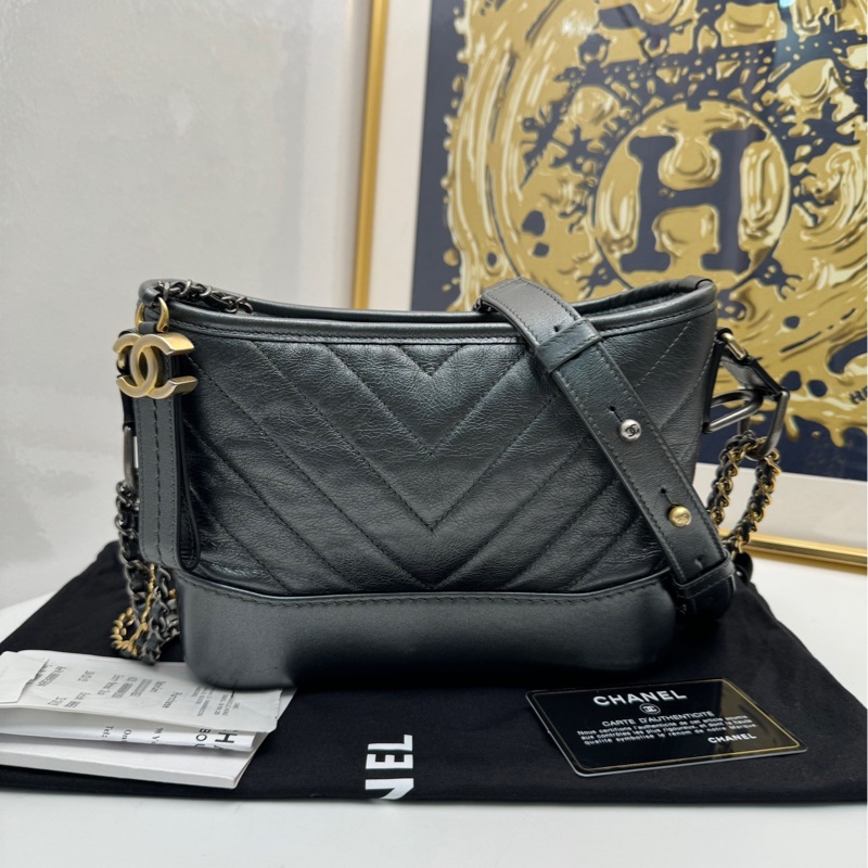 【98🆕】chanel  流浪小號 深灰色帶珠光 V紋單肩斜挎包-0