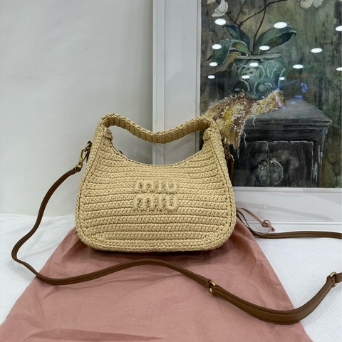 Miumiu謬謬 hobo拉菲草編織系列 自然色拼棕色牛皮 有肩帶