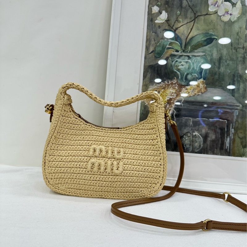 Miumiu謬謬 hobo拉菲草編織系列 自然色拼棕色牛皮 有肩帶-1