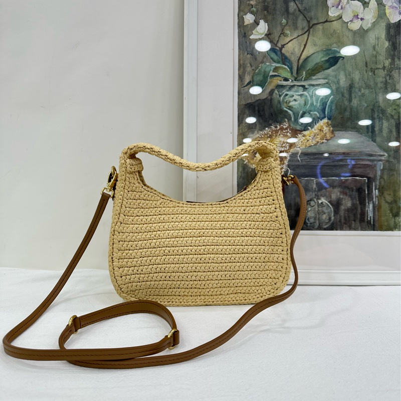 Miumiu謬謬 hobo拉菲草編織系列 自然色拼棕色牛皮 有肩帶-2