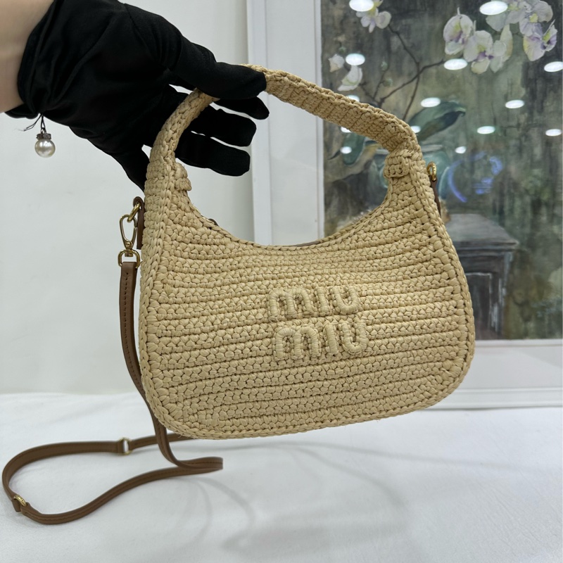 Miumiu謬謬 hobo拉菲草編織系列 自然色拼棕色牛皮 有肩帶-6