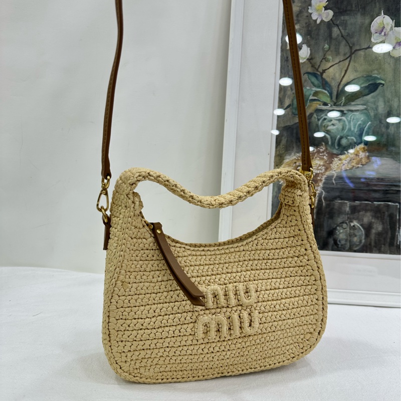 Miumiu謬謬 hobo拉菲草編織系列 自然色拼棕色牛皮 有肩帶-8