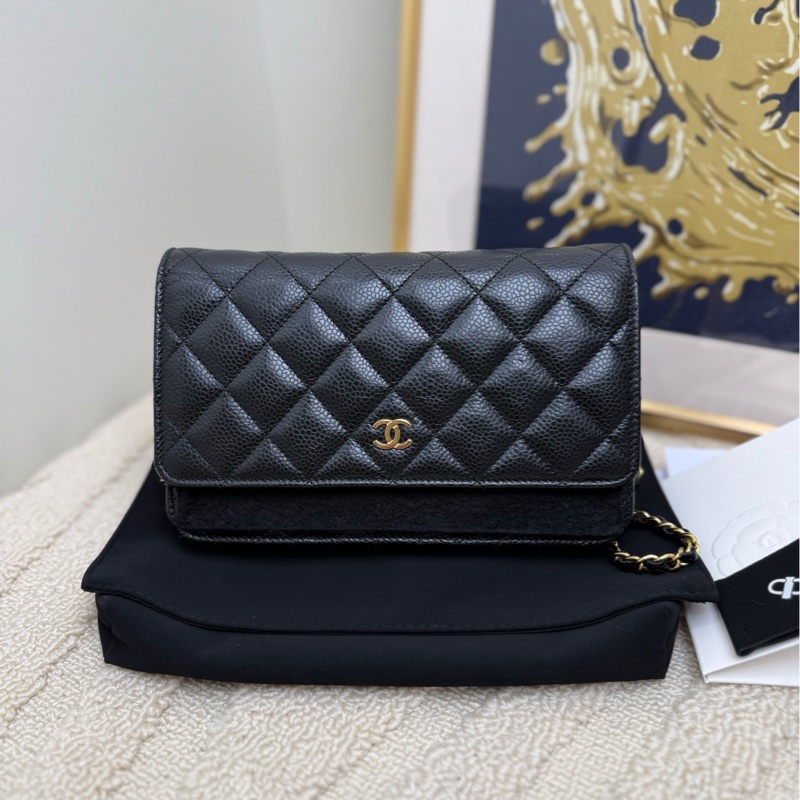 【88🆕】Chanel cf woc 黑色金扣 荔枝牛皮鏈條斜挎包 發財包-0