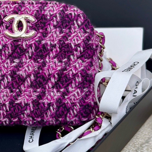 【全❤️全套】Chanel mini小包千鳥格粉色毛呢款貝殼小包 迷你斜挎包-4