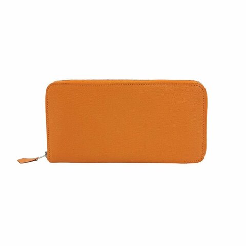 Hermes Azap環繞式拉鏈錢包ChevreMysore山羊皮銀扣93愛馬仕橙框Q刻