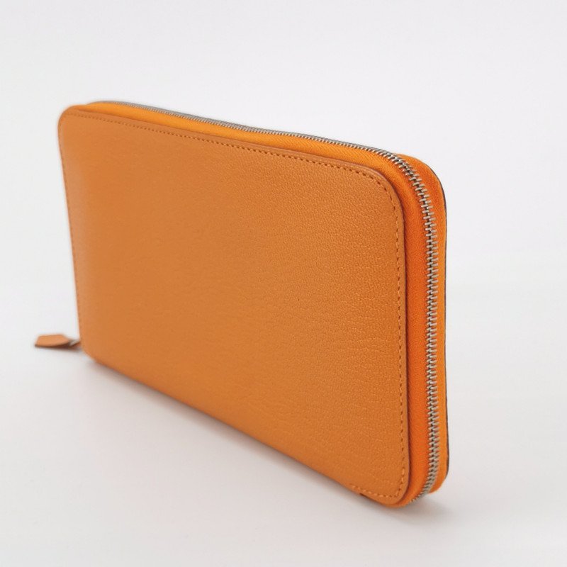 Hermes Azap環繞式拉鏈錢包ChevreMysore山羊皮銀扣93愛馬仕橙框Q刻-1