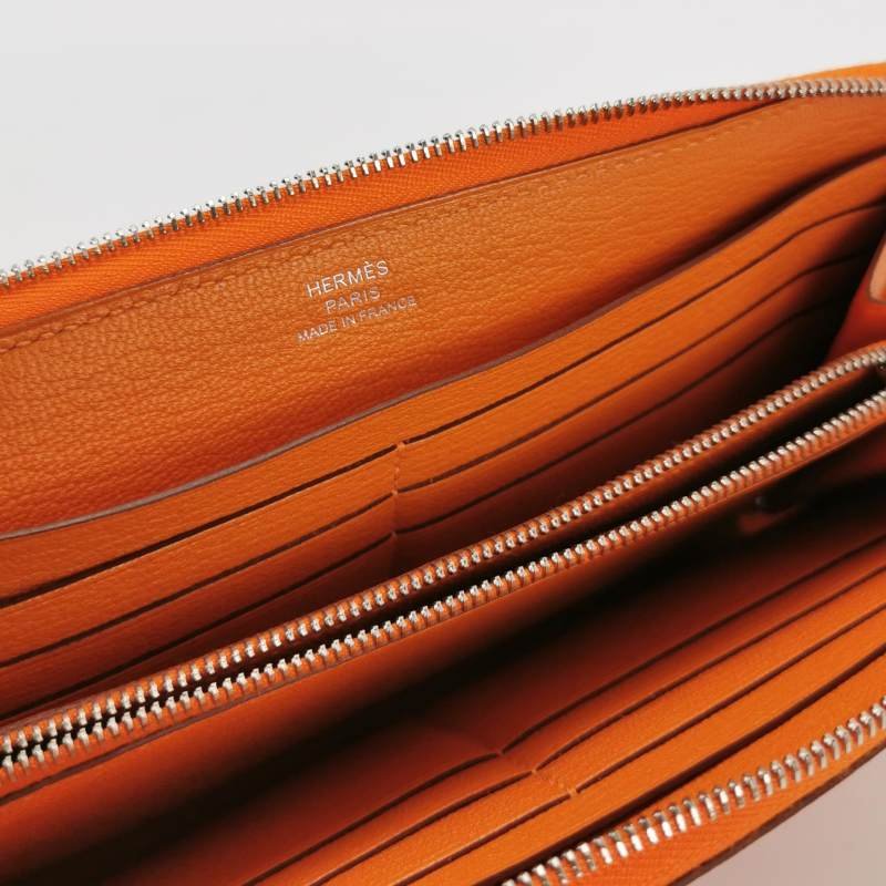 Hermes Azap環繞式拉鏈錢包ChevreMysore山羊皮銀扣93愛馬仕橙框Q刻-6