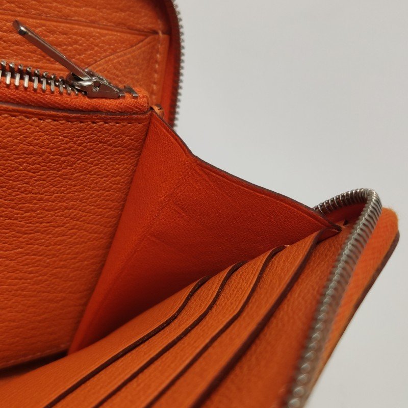 Hermes Azap環繞式拉鏈錢包ChevreMysore山羊皮銀扣93愛馬仕橙框Q刻-10