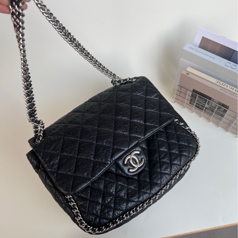 chanel黑銀滾邊xxl機場包-1