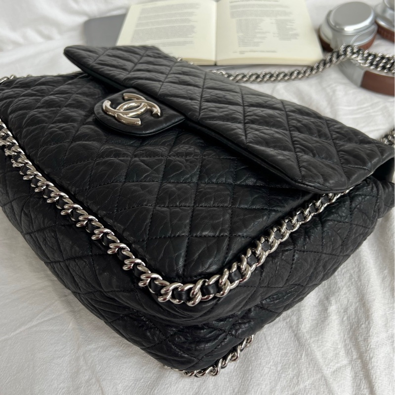 chanel黑銀滾邊xxl機場包-9