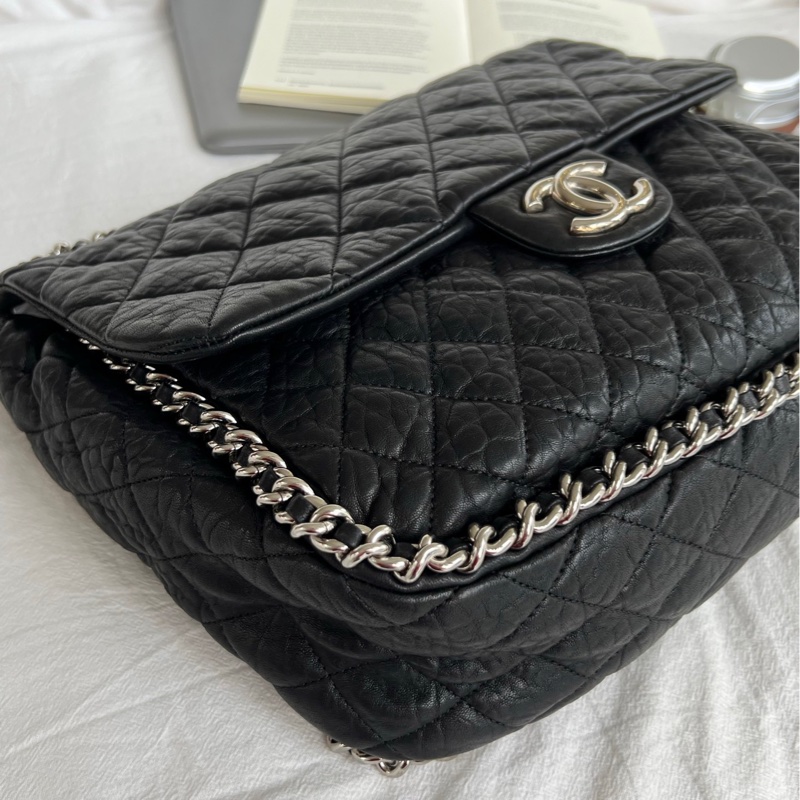 chanel黑銀滾邊xxl機場包-11