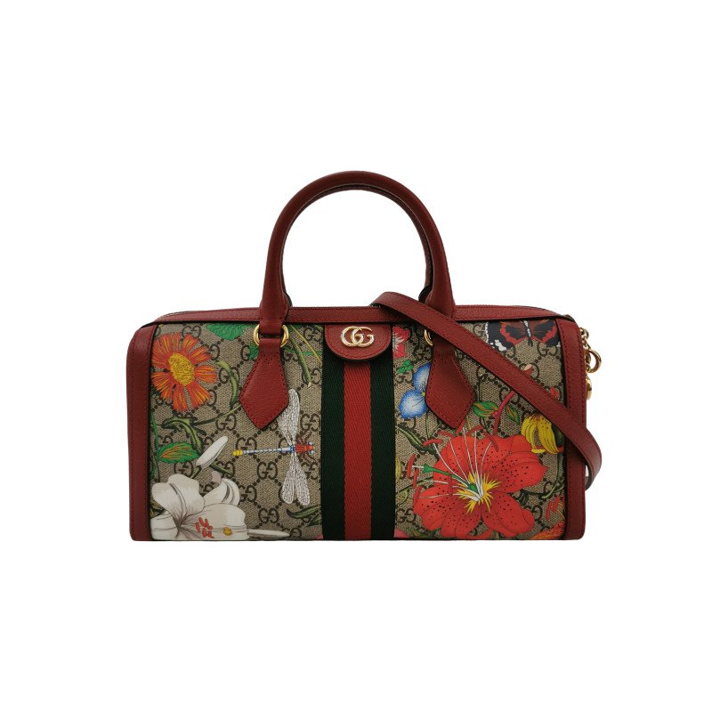 Gucci Ophidia牛皮老花花卉昆蟲圖案條紋雙G斜挎包單肩包-0