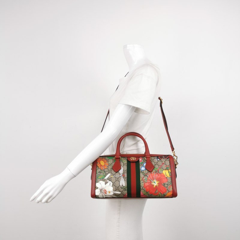 Gucci Ophidia牛皮老花花卉昆蟲圖案條紋雙G斜挎包單肩包-1