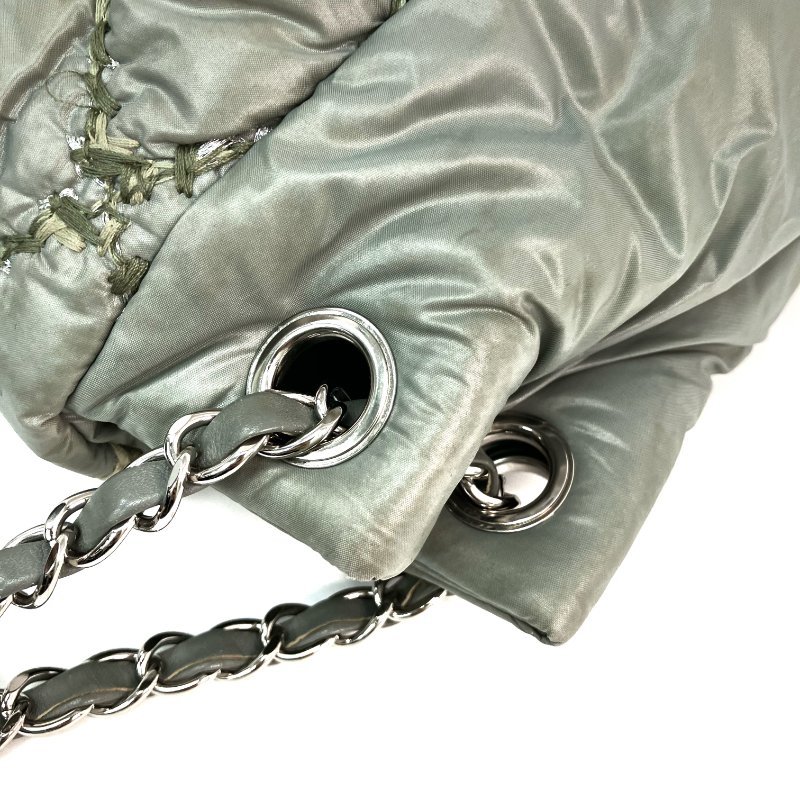 △ Chanel 香奈兒 Grey Nylon Silver Tone Metal Bubble Single Flap Chain Shoulder Bag No.14 灰色尼龍銀色金屬鎖鏈肩背袋No.14 - 257020656-12