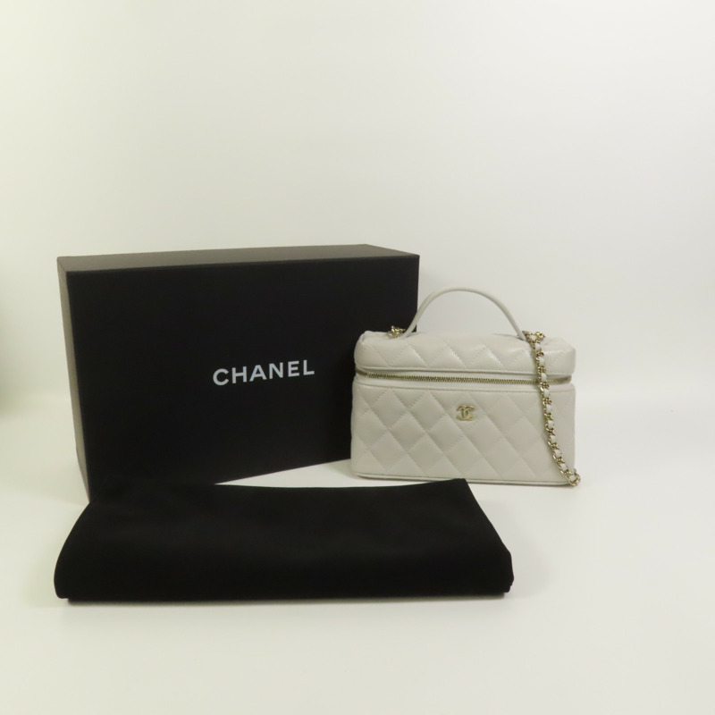 CHANEL 牛皮皮革Vanity Case金扣鏈帶手挽肩背兩用袋-9