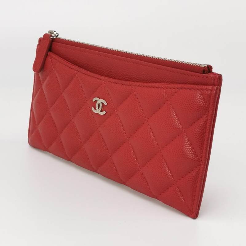 Chanel牛皮純色菱格絎縫雙C logo錢包-1