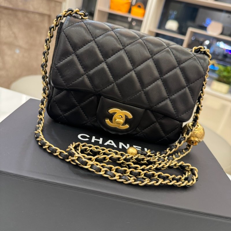 *SHIHNA名牌精品* CHANEL mini coco CF17 黑金羊皮核桃金球 方胖子-0