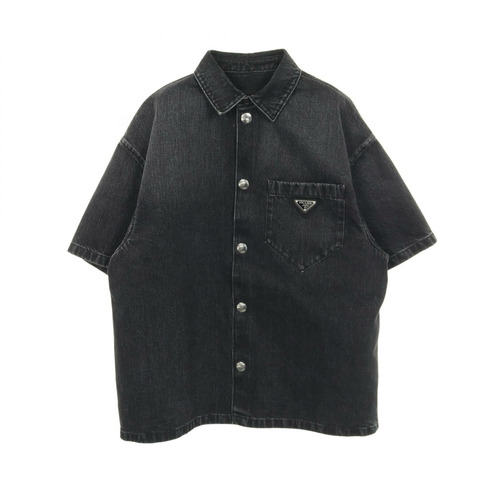PRADA 三角形 logo 短袖牛仔襯衫 GEC067 純棉 黑色 二手 男款 #M