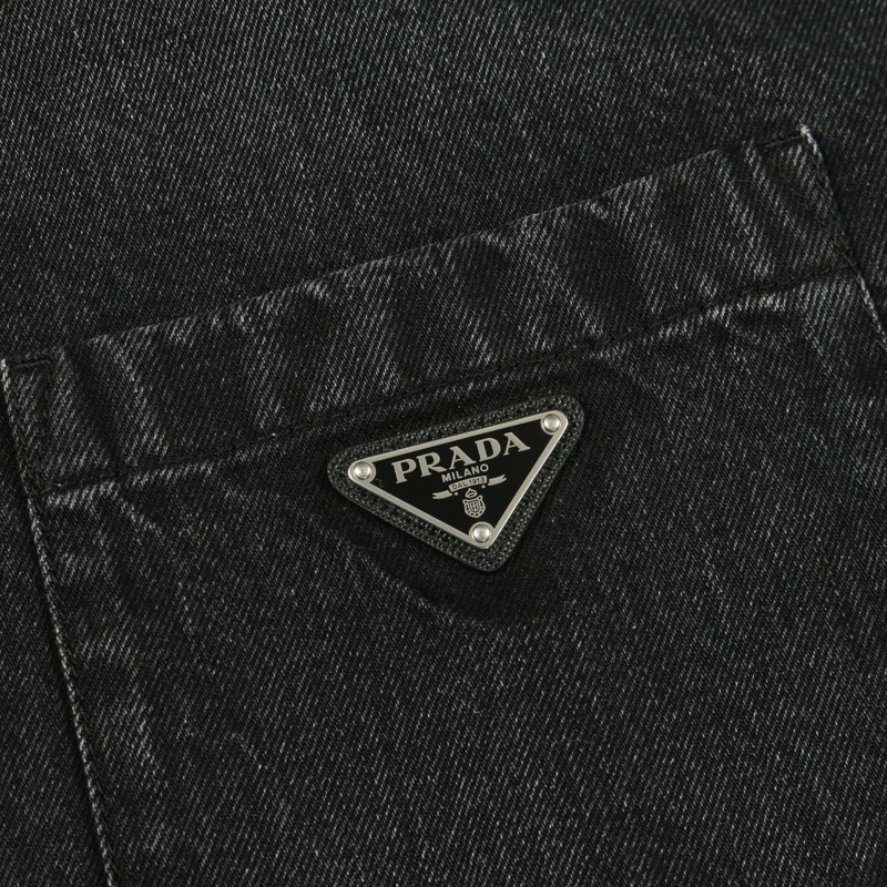PRADA 三角形 logo 短袖牛仔襯衫 GEC067 純棉 黑色 二手 男款 #M-5