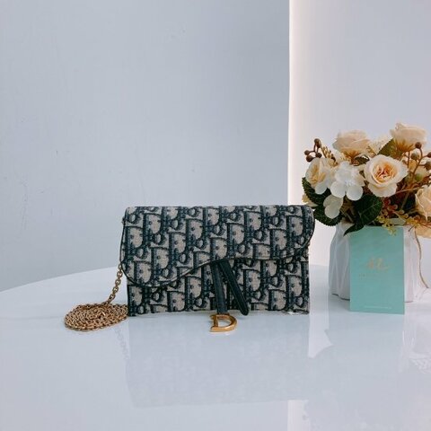 MS0449 Christian Dior迪奧 鏈帶小袋藍色Dior Oblique 緹花 Saddle Pouch With Chain Small Oblique Jacquard Blue