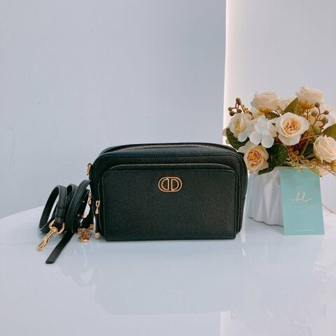 MS0451 Christian Dior 迪奧 黑色雙層拉鍊斜肩包 Double Pouch Crossbody Grained Calfskin Black