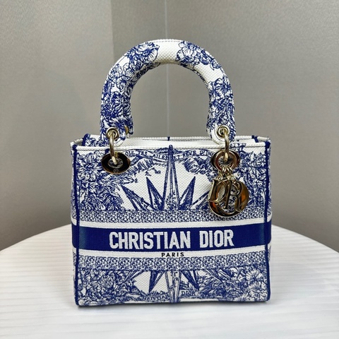 迪奧/Dior Lady D-Lite 藍白帆布刺繡戴妃手提斜背包 24x12x20cm