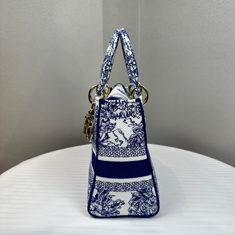 迪奧/Dior Lady D-Lite 藍白帆布刺繡戴妃手提斜背包 24x12x20cm-2