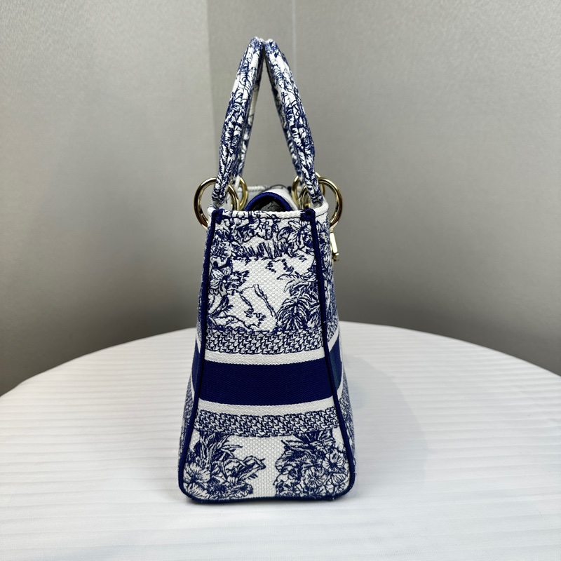 迪奧/Dior Lady D-Lite 藍白帆布刺繡戴妃手提斜背包 24x12x20cm-3