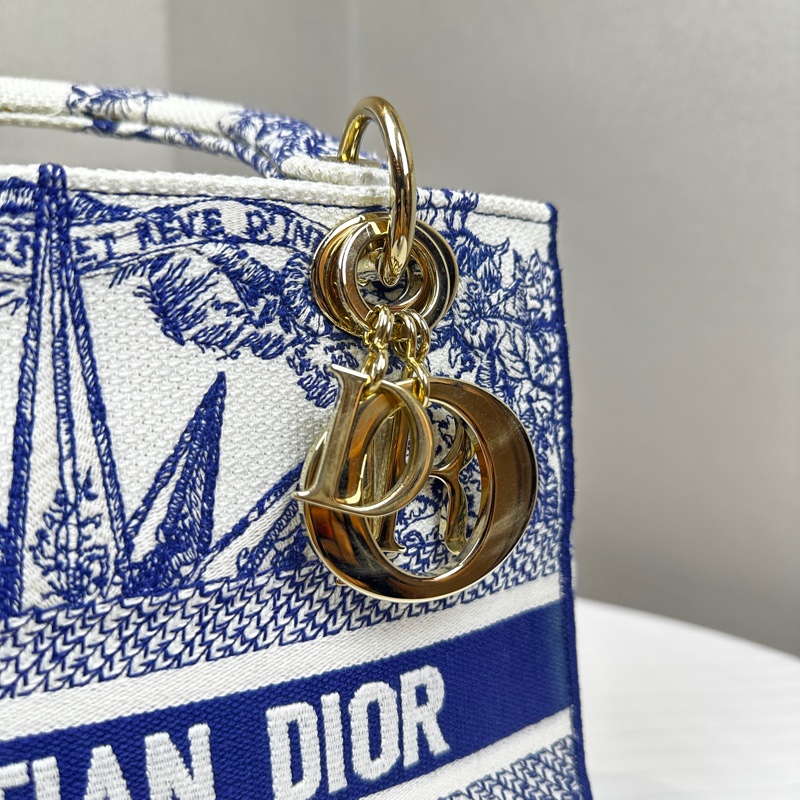 迪奧/Dior Lady D-Lite 藍白帆布刺繡戴妃手提斜背包 24x12x20cm-6