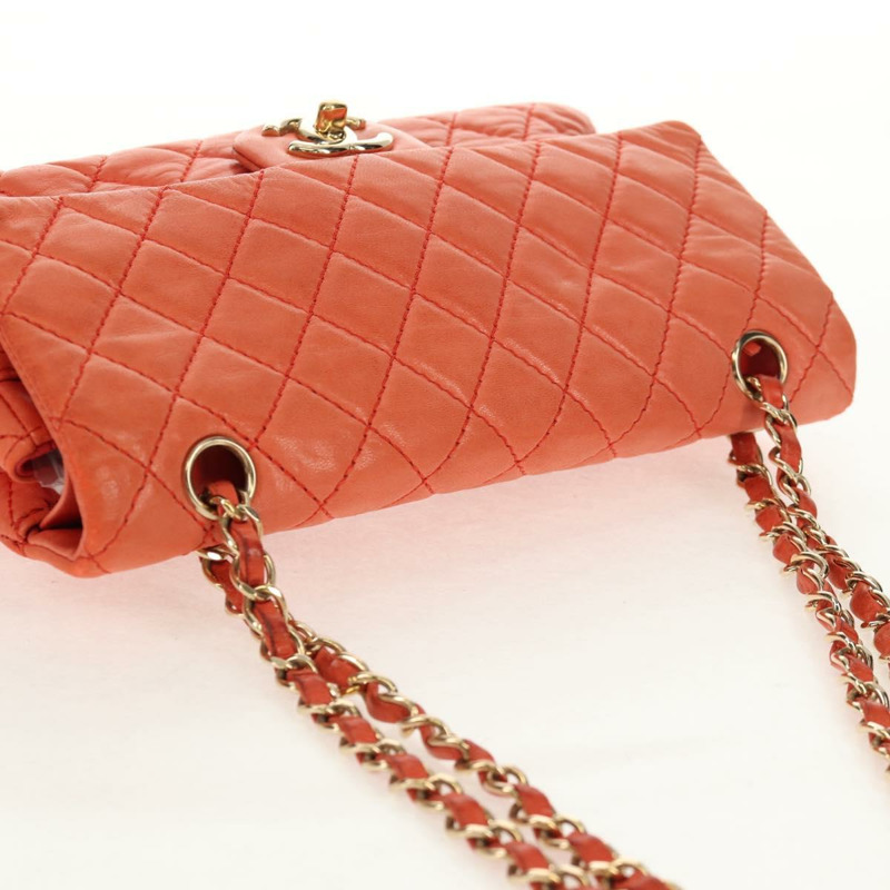 【日本直送】香奈兒 (CHANEL) 絎縫鏈條單肩包 羊皮 橙色 金色 CC 標誌 Auth 130487A-5