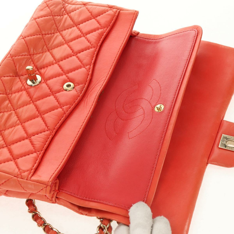 【日本直送】香奈兒 (CHANEL) 絎縫鏈條單肩包 羊皮 橙色 金色 CC 標誌 Auth 130487A-19