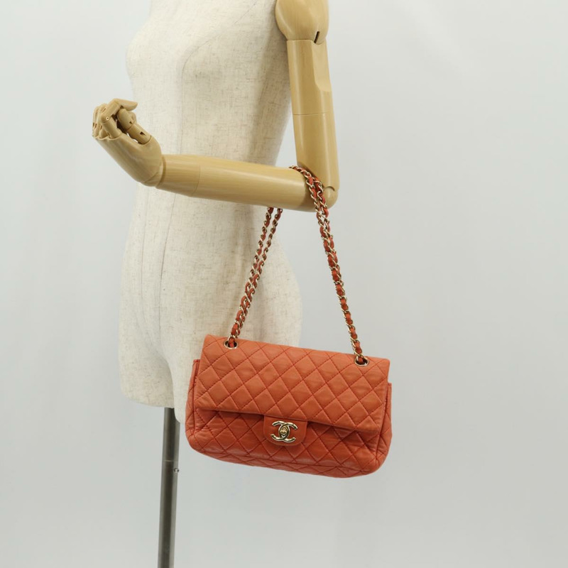 【日本直送】香奈兒 (CHANEL) 絎縫鏈條單肩包 羊皮 橙色 金色 CC 標誌 Auth 130487A-29